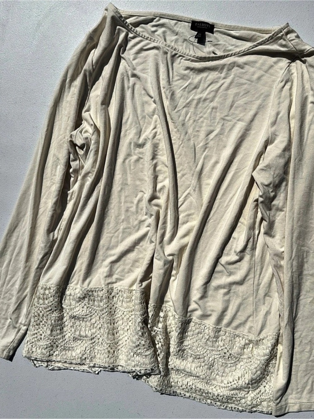 Talbots Long Sleeve Lace Hem Top Cream 1Xp NWT